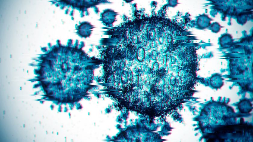 Computer illustration of a digitized virus cells. The round shells have short spikes coming out of them and they look pixelated and artificial. 