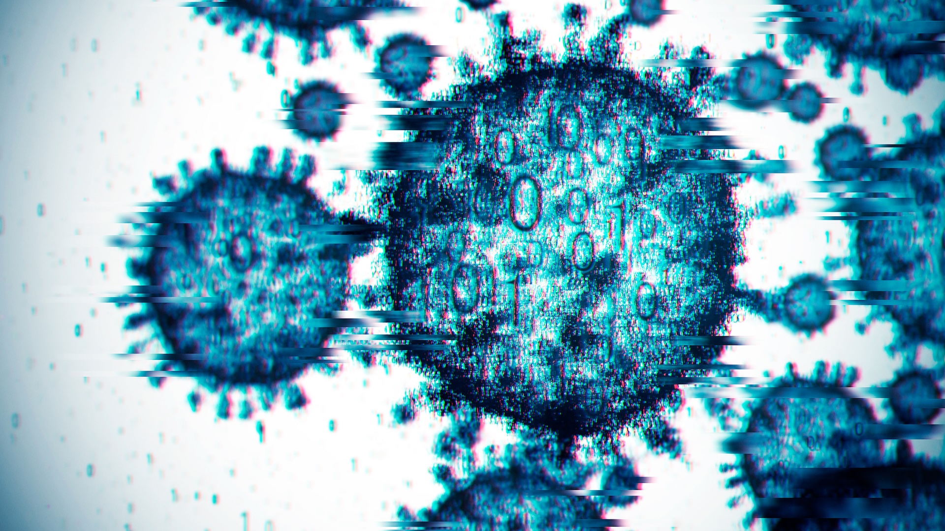 Computer illustration of a digitized virus cells. The round shells have short spikes coming out of them and they look pixelated and artificial. 