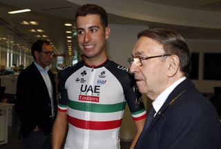 Fabio Aru shoes off his updated Italian national champion's jersey