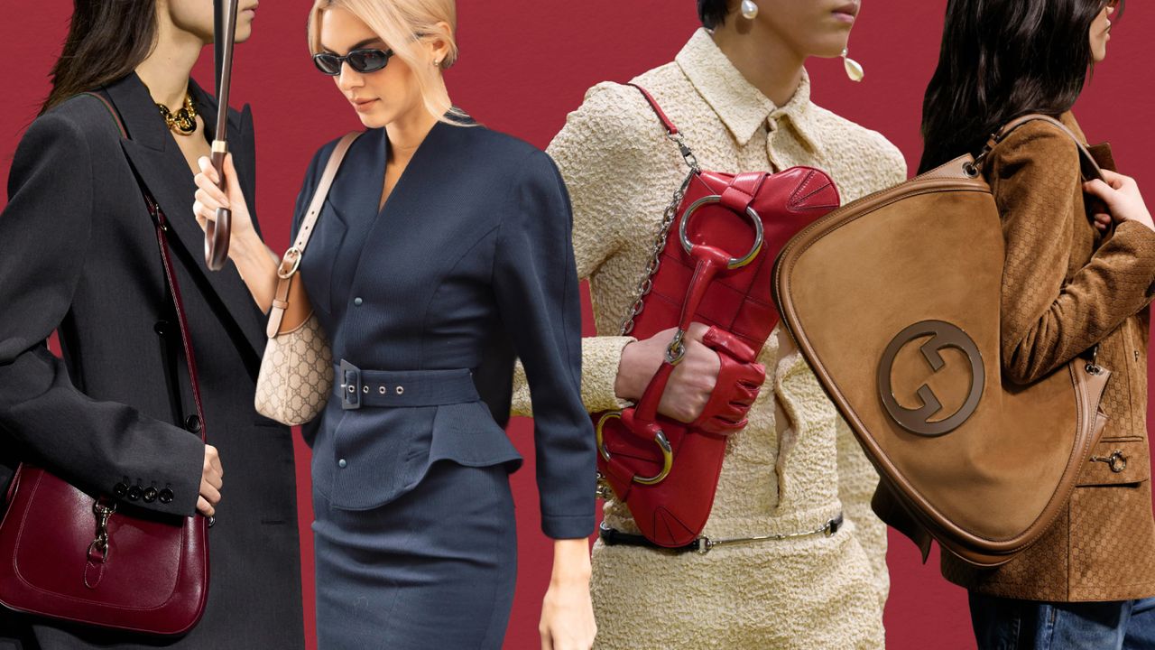 A collage of the best Gucci bags, including a model holding a red Gucci Jackie bag, Kendall Jenner holding a Gucci GG emblem shoulder bag, model holding a red Gucci horsebit shoulder bag, and model holding a tan suede Gucci Blondie bag