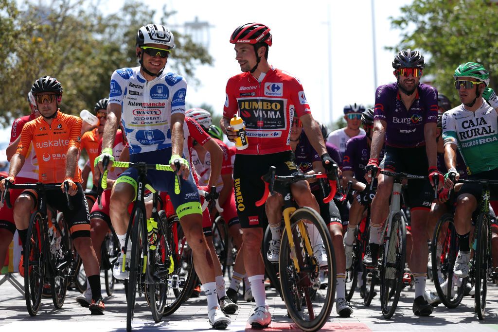 BALCON DE ALICANTE SPAIN AUGUST 20 Rein Taarame of Estonia and Team Intermarch Wanty Gobert Matriaux polka dot mountain jersey and Primoz Roglic of Slovenia and Team Jumbo Visma red leader jersey prepare for the race prior to the 76th Tour of Spain 2021 Stage 7 a 152km stage from Ganda to Balcn de Alicante lavuelta LaVuelta21 on August 20 2021 in Balcn de Alicante Spain Photo by Gonzalo Arroyo MorenoGetty Images