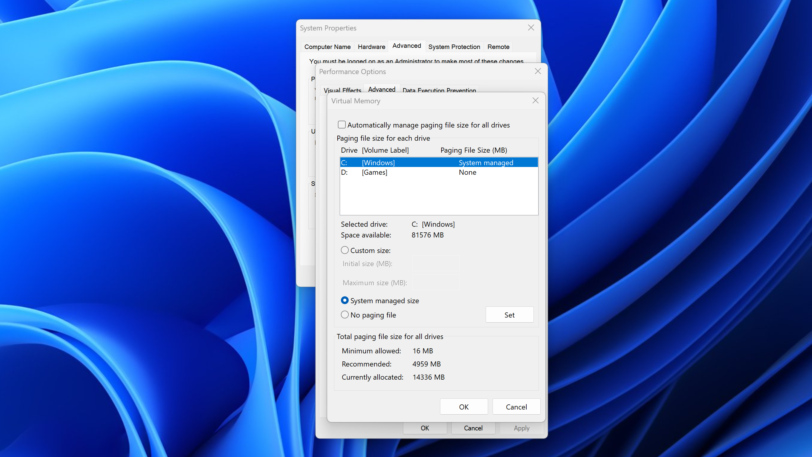 Windows 11 screenshot showing how to use virtual memory