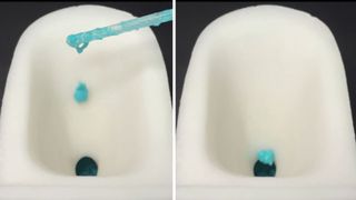two photos of a small toilet bowl, showing a blue blob of sticky material being dropped into the bowl and sliding down without leaving a mark