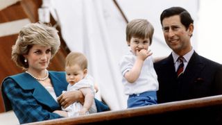 Princess Diana and Prince Charles pose with their sons Princes Harry and William on board royal yacht Britannia during their visit to Venice, Italy, 6th May 1985.