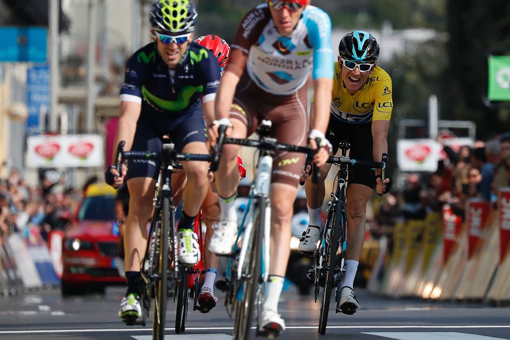 Geraint Thomas arrives after winning the seventh stage of the 74th edition of the Paris-Nice