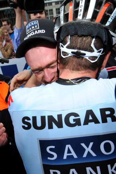 Nick Nuyens is congratulated by his Saxo Bank Sungard teammate