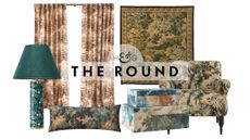 Tapestry-patterned decor pictured on a white background, including a green table lamp, lumbar pillow, set of curtain panels, wall tapestry, decorative boxes, and an upholstered armchair