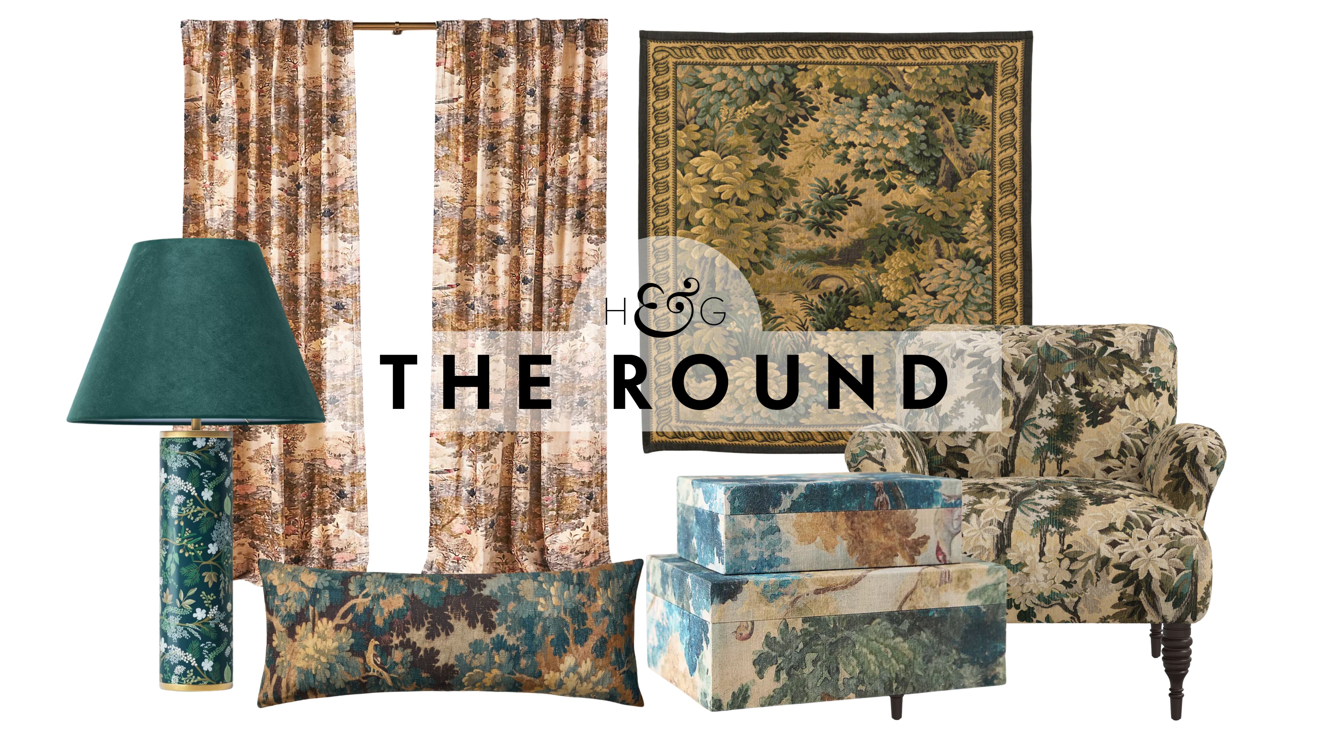 Tapestry-patterned decor pictured on a white background, including a green table lamp, lumbar pillow, set of curtain panels, wall tapestry, decorative boxes, and an upholstered armchair