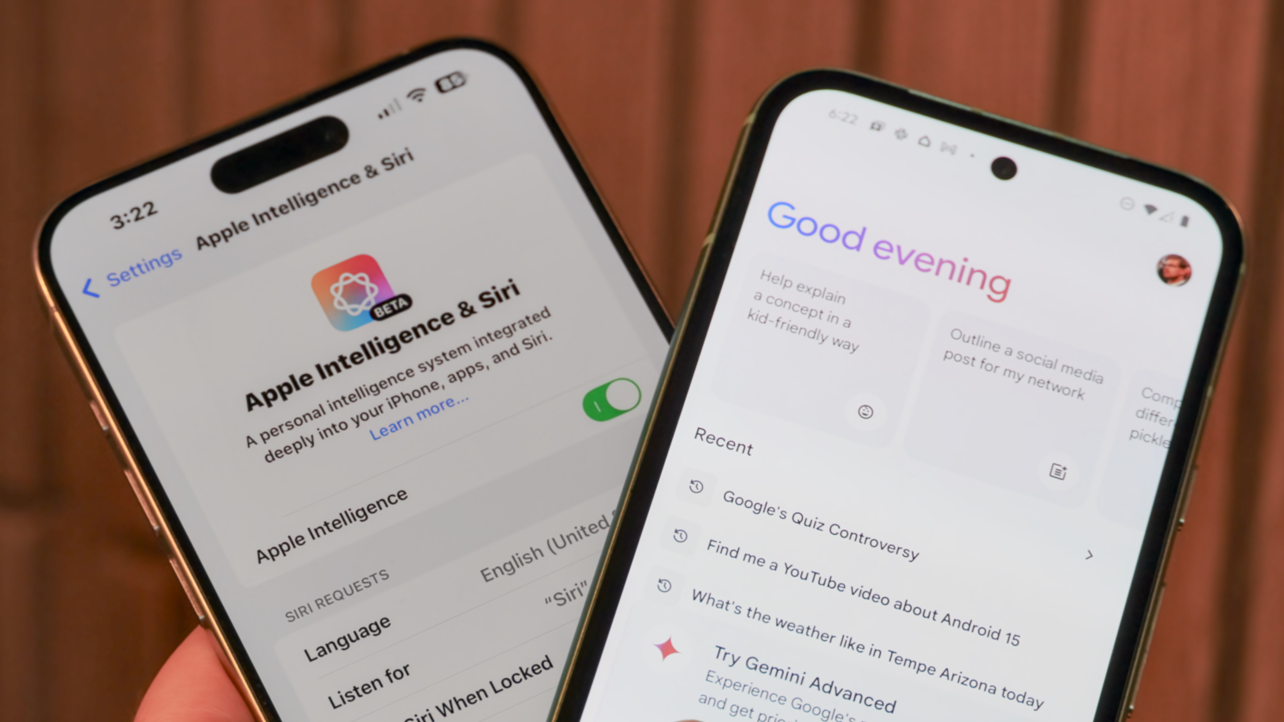 The Apple Intelligence &amp;amp; Siri menu beside a Pixel running Gemini.