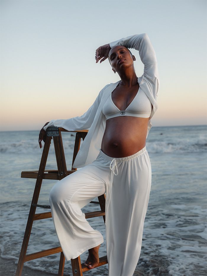 jas tookes posing in pj set at the beach