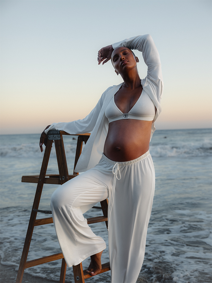 jas tookes posing in pj set at the beach
