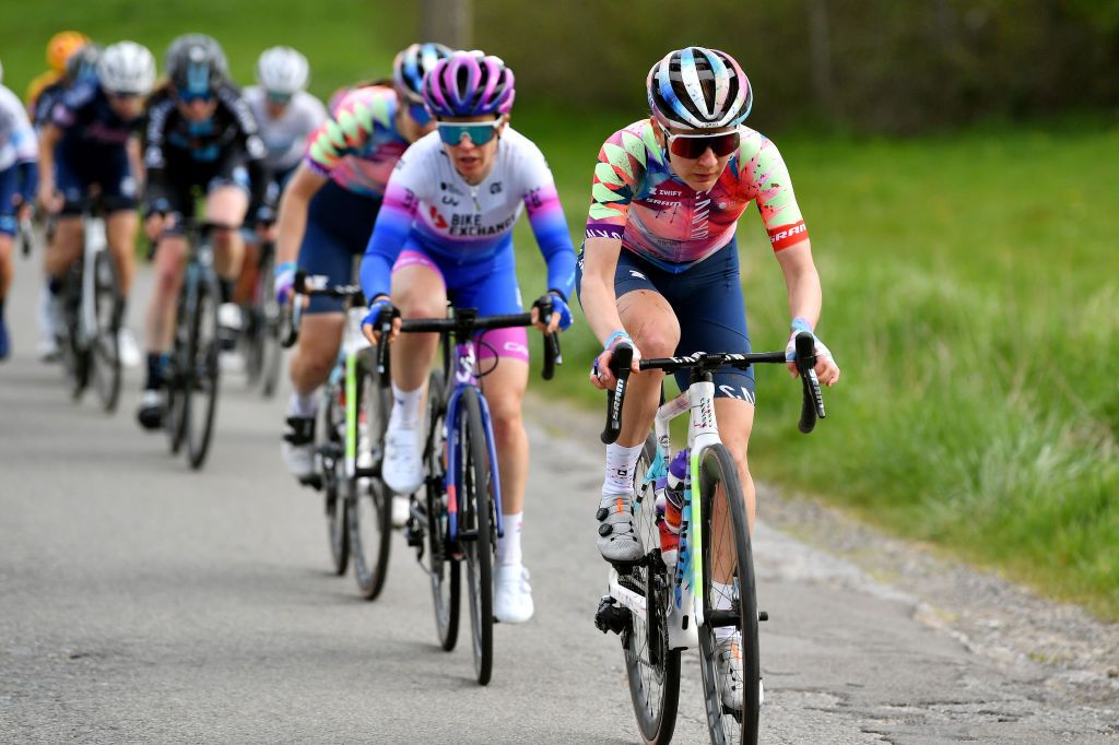 HUY BELGIUM APRIL 20 Alena Amialiusik of Belarus and Team Canyon SRAM Racing competes in the breakaway during the 25th La Flche Wallonne 2022 Womens Elite a 1334km one day race from Huy to Mur de Huy FlecheWallonne FWwomen on April 20 2022 in Huy Belgium Photo by Luc ClaessenGetty Images