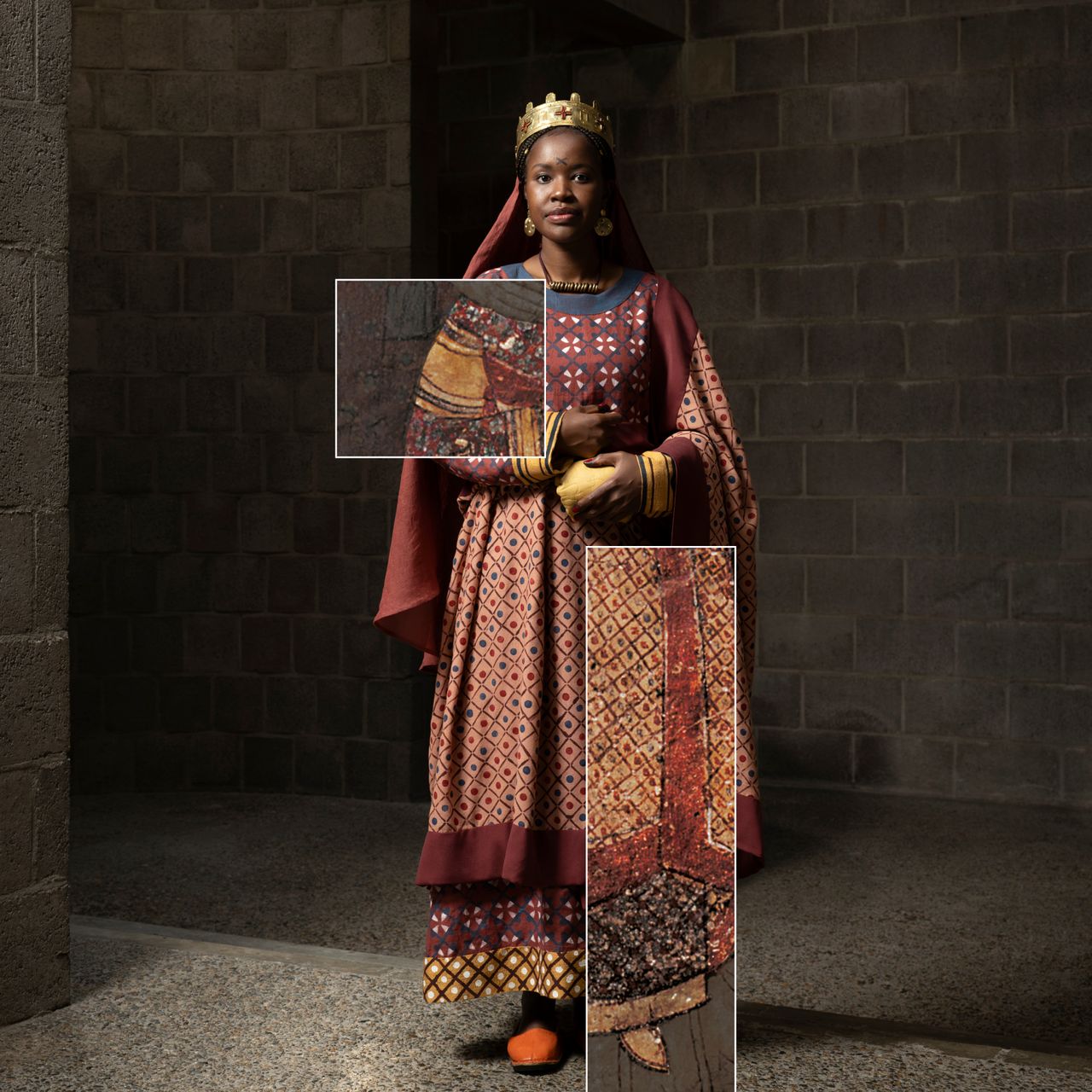A model wears colorful patterned clothing with an ancient painting cutout next to the model for comparison