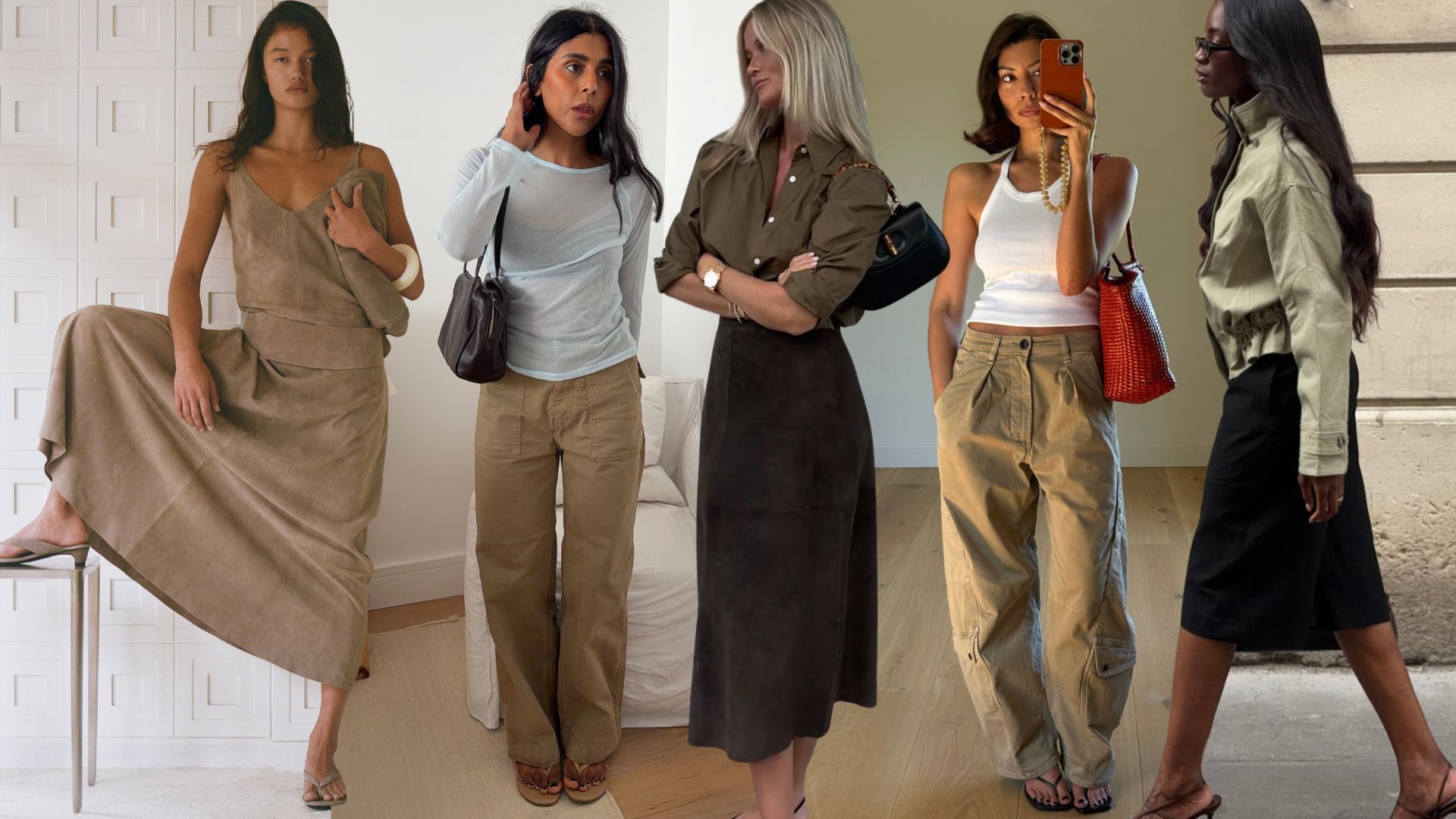 An image of 5 chic summer khaki outfits. 