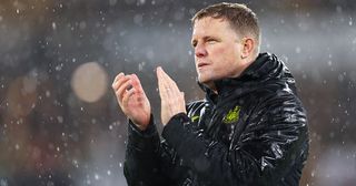 Newcastle United manager Eddie Howe acknowledges the crowd after the Premier League match between Wolverhampton Wanderers and Newcastle United at Molineux on October 28, 2023 in Wolverhampton, England.