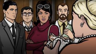 The cast of Archer in an elevator