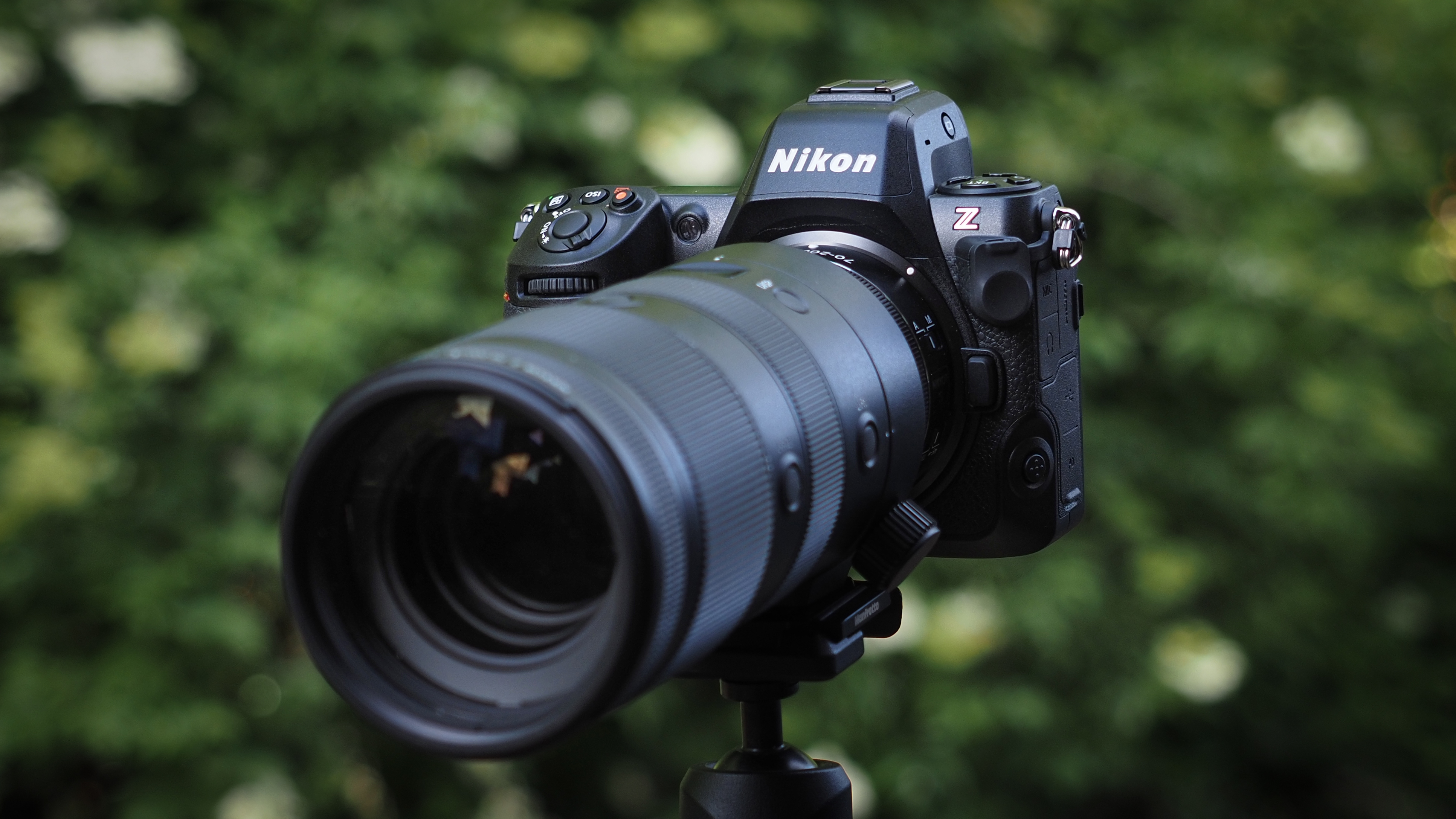 Nikon Z8 camera, pictured against a background of blurred green foliage