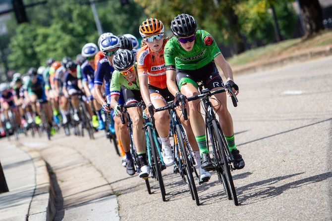 The peloton gets strung out as they chase on the way back into town during the US Pro Road Race National Championships on June 24, 2018 in Knoxville, Tennessee