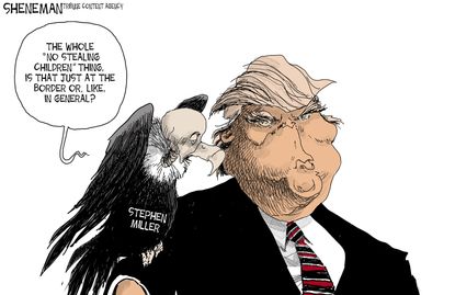 Political cartoon U.S. Trump Stephen Miller children family separation border immigration vulture