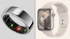 Oura Ring Generation 3 Horizon and the Apple Watch Series 9 sitting side by side, representing Oura Ring vs Apple Watch