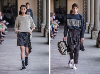 Models wear knitted jumper, tailored shorts and trousers at Pal Zileri S/S 2018