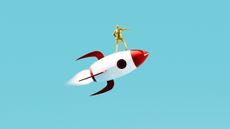 A drawing of a rocket ship with a golden man on top of it. 