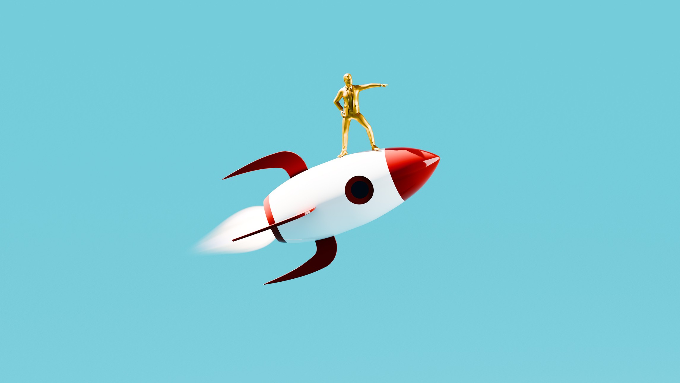 A drawing of a rocket ship with a golden man on top of it. 