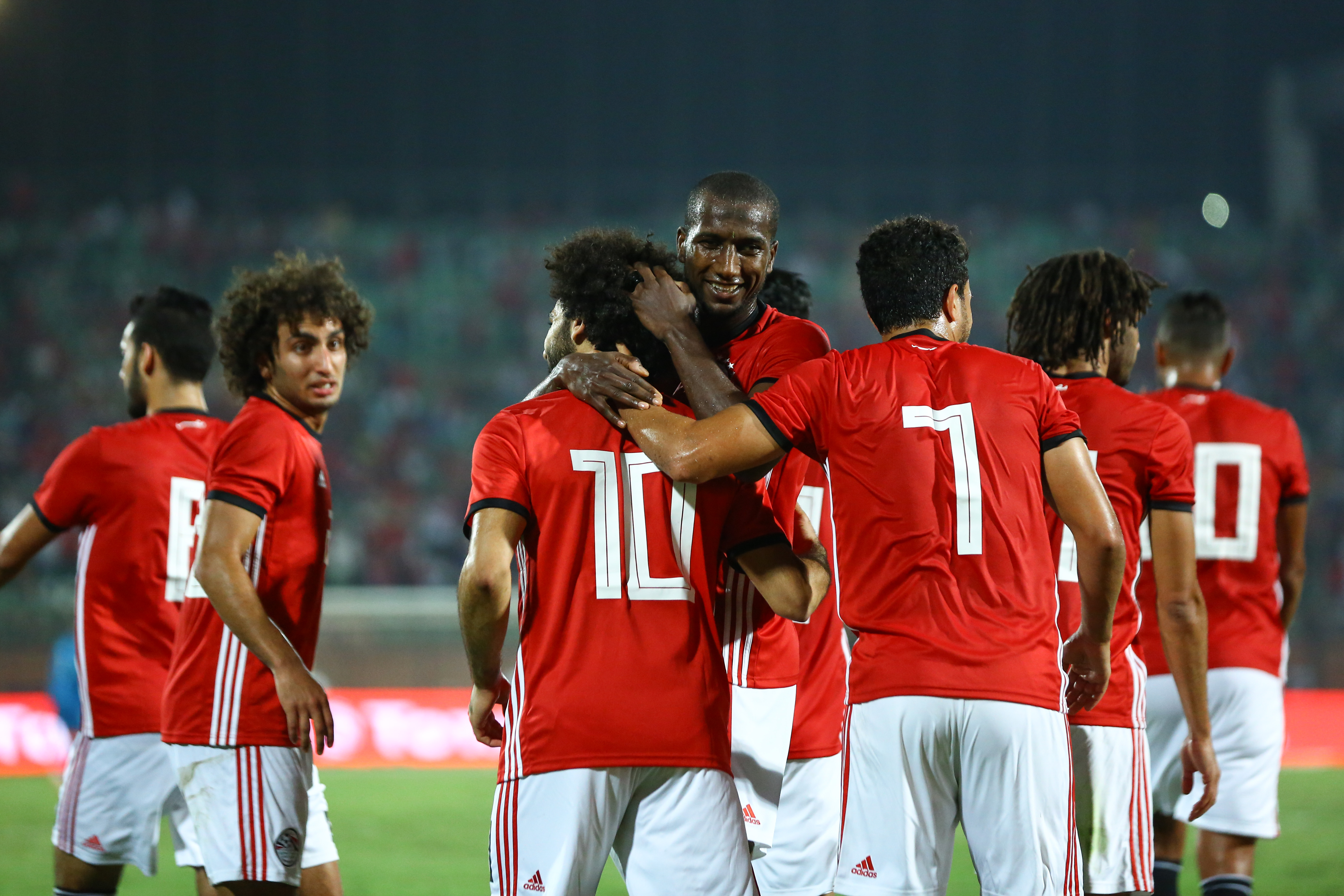 Mohamed Salah is congratulated by his Egypt team-mates after scoring against Eswatini in October 2018.