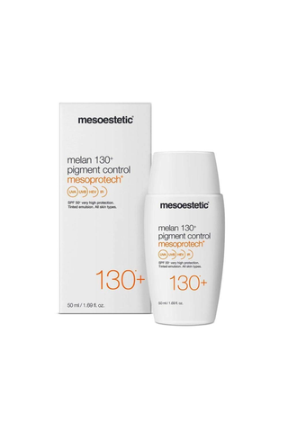 Mesoestetic sunscreen box and bottle on a white background