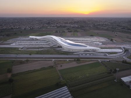 An Aerial view of Afragola Train Station showing the station and its surrondings