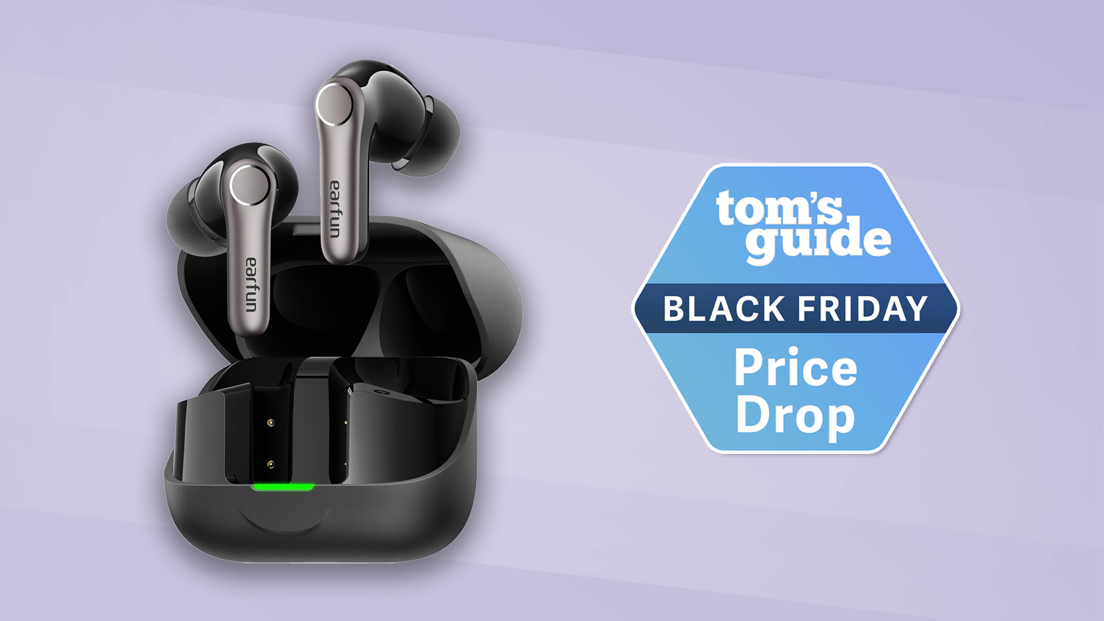 the earfun air pro 4+ earbuds on a purple background with a toms guide deal badge for black friday