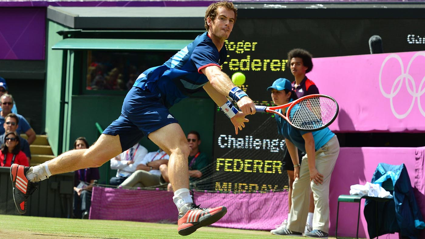 Andy Murray playing Roger Federer during the men's singles gold medal match of the London 2012 Olympic Games.