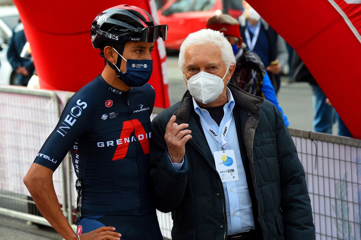 Trofeo Laigueglia 2021 58th Edition Laigueglia Laigueglia 202 km 03032021 Egan Bernal COL Ineos Grenadiers Gianni Savio ITA General Manager Androni Giocattoli Sidermec photo Dario BelingheriBettiniPhoto2021