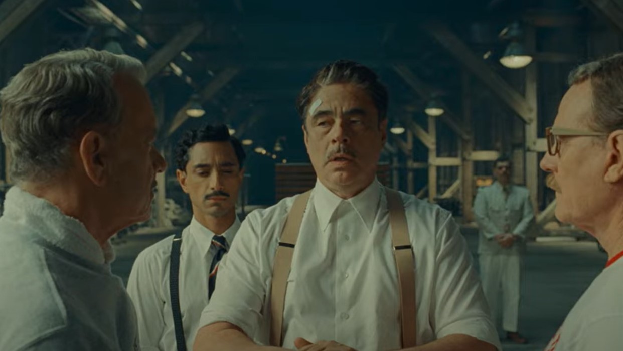 Tom Hanks, Riz Ahmed, Benicio Del Toro and Bryan Cranston in The Phoenician Scheme