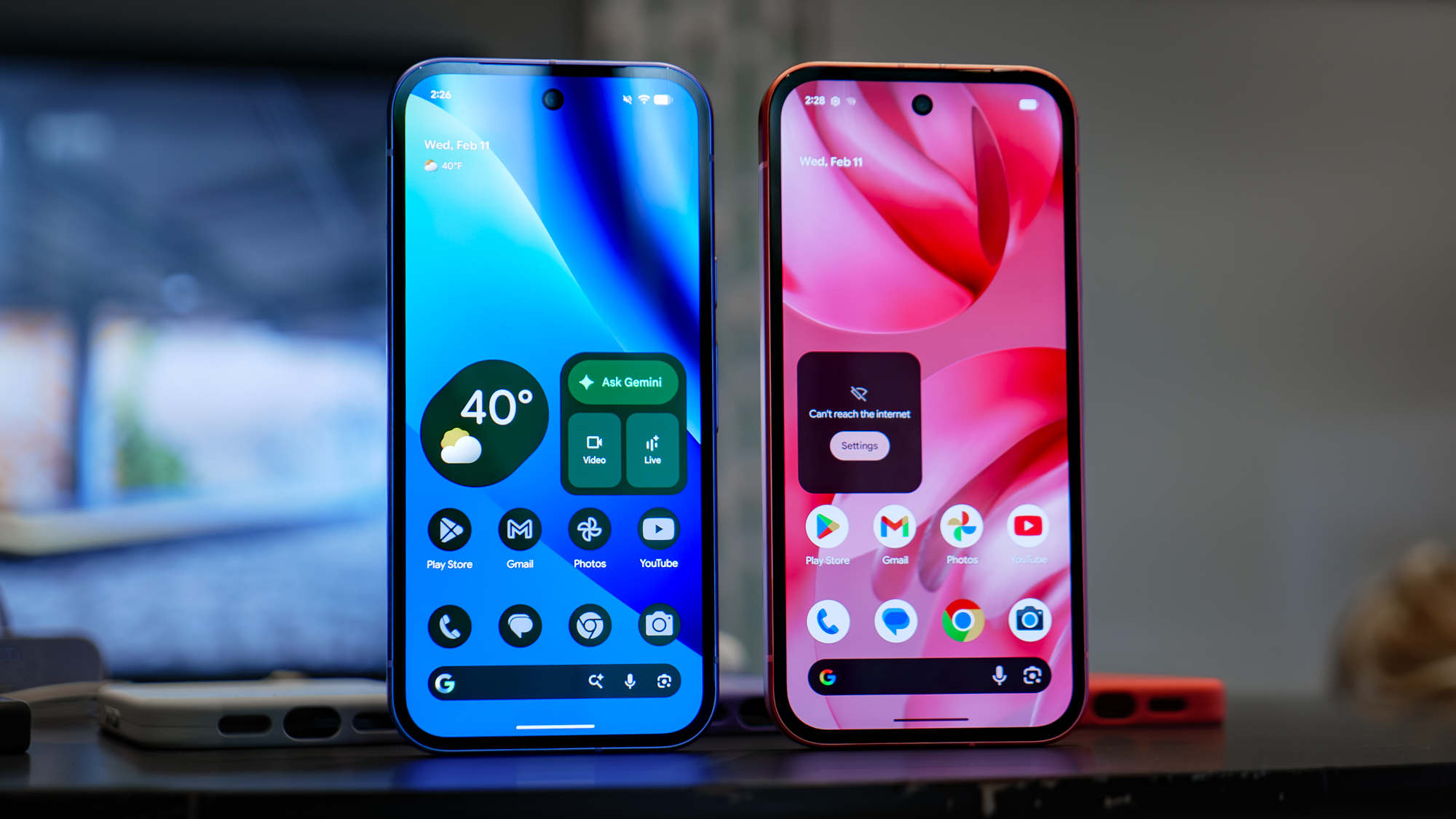Pixel 10a vs Pixel 9a with their displays on.