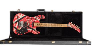 Eddie Van Halen's 1982 Kramer: finished in red, black and white stripes, this was a an early Kramer design that was later owned by Mick Mars.