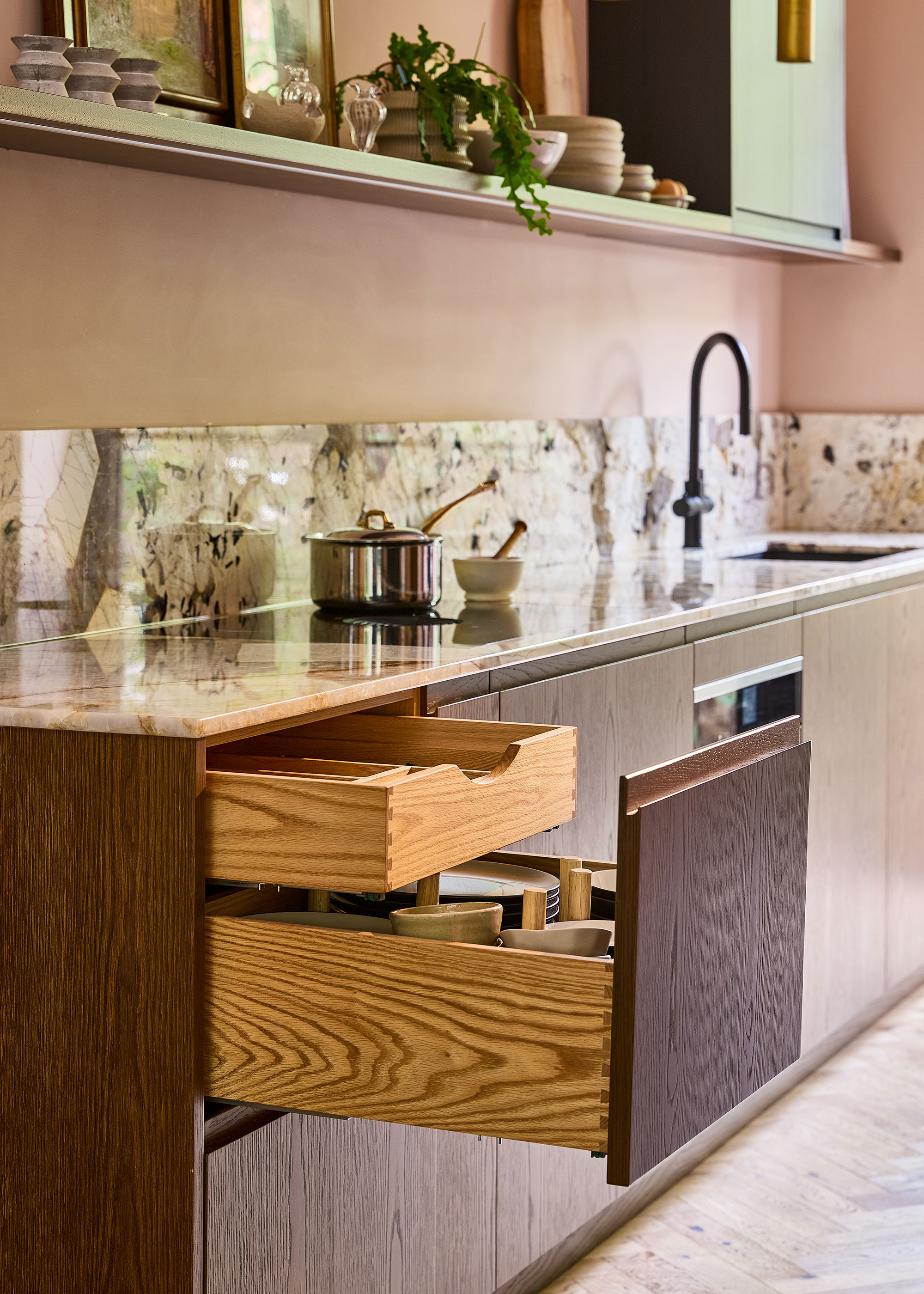 wooden kitchen with double level kitchen drawers
