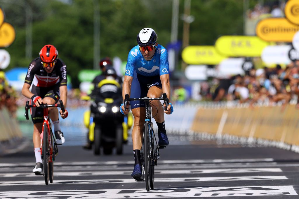 NMES FRANCE JULY 08 Imanol Erviti of Spain and Movistar Team 2nd place Harry Sweeny of Australia and Team Lotto Soudal 3rd place at arrival during the 108th Tour de France 2021 Stage 12 a 1594km stage from SaintPaulTroisChateaux to Nimes LeTour TDF2021 on July 08 2021 in Nmes France Photo by Tim de WaeleGetty Images