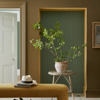 A hallway painted in Little Greene's Light Bronze Green paint with a contrasting door frame in yellow Bassoon matching an upholstered bench