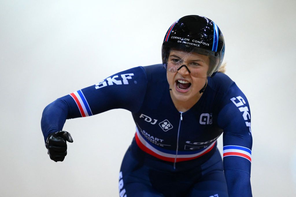 Frances Mathilde Gros celebrates qualifying for the final in the Womens Sprint semifinal during the UCI Track Cycling World Championships at the Velodrome of SaintQuentinenYvelines southwest of Paris on October 14 2022 Photo by AnneChristine POUJOULAT AFP Photo by ANNECHRISTINE POUJOULATAFP via Getty Images