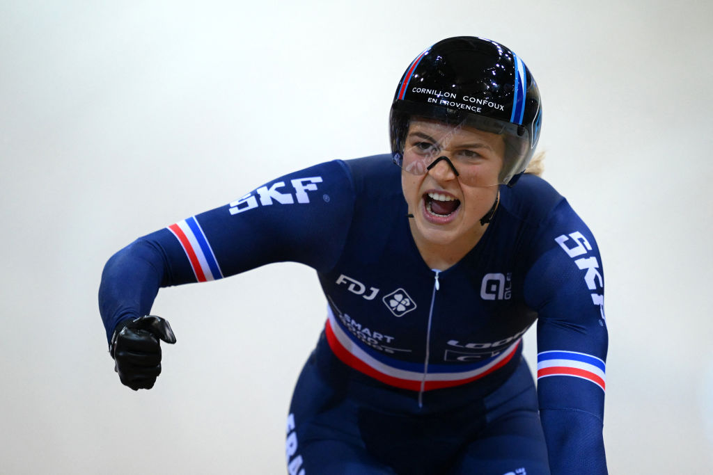 Frances Mathilde Gros celebrates qualifying for the final in the Womens Sprint semifinal during the UCI Track Cycling World Championships at the Velodrome of SaintQuentinenYvelines southwest of Paris on October 14 2022 Photo by AnneChristine POUJOULAT AFP Photo by ANNECHRISTINE POUJOULATAFP via Getty Images