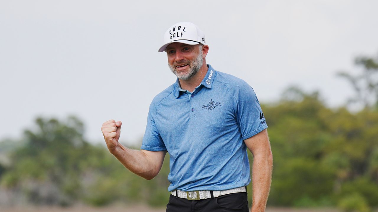 Englishman David Skinns celebrates winning the Club Car Championship at The Landings Golf &amp; Athletic Club on March 26, 2023