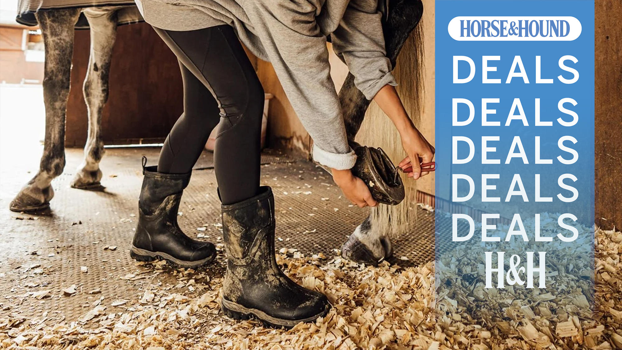 Woman wearing wellies while picking out horse&rsquo;s hind foot, with H&amp;H deals graphic to the right hand side