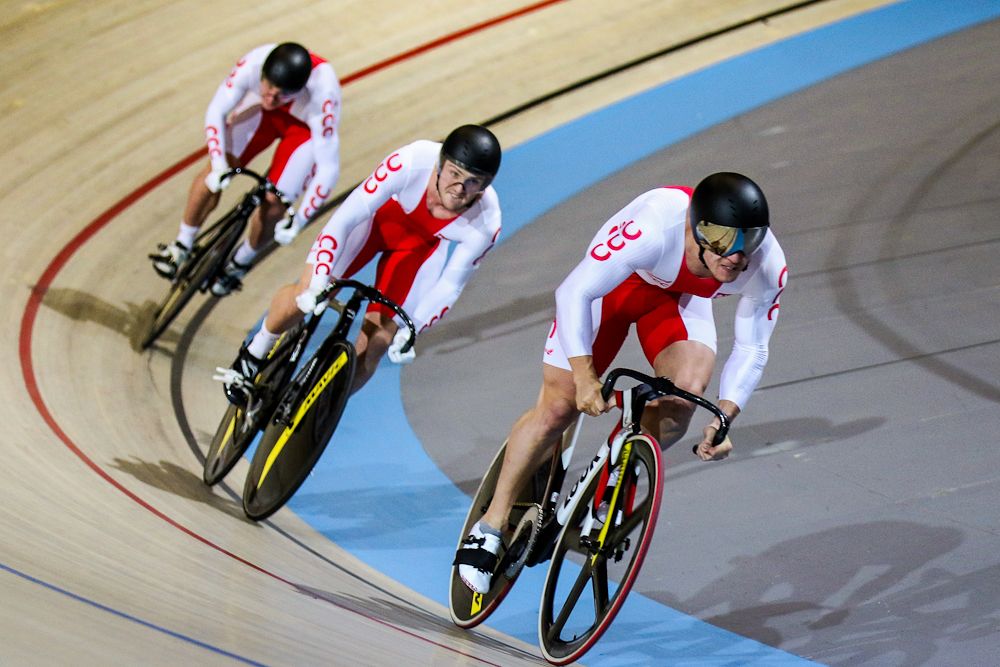 Team of Poland competes in the Men's Team Sprint on day one fo the UCI Track World Cup