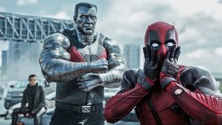 Colossus and Deadpool pose while Negasonic Teenage Warhead stands in the background