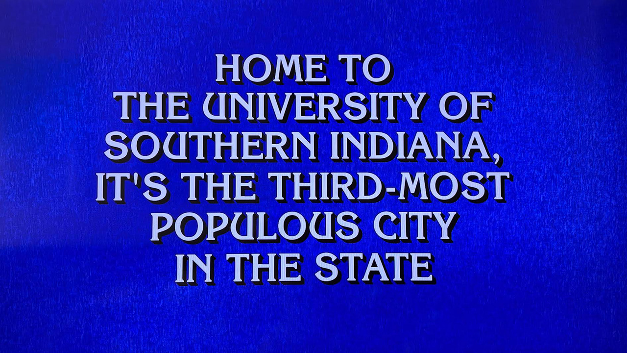A shot of a TV with the relevant Evansville, Indiana oriented Jeopardy question that led to Jamie's loss.