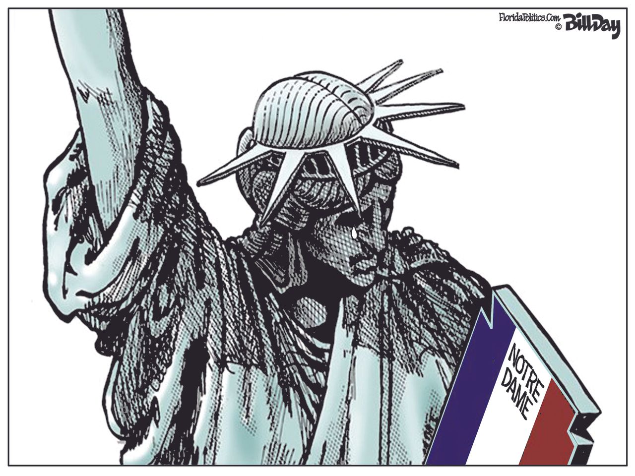 Editorial Cartoon World Lady Liberty crying Notre Dame