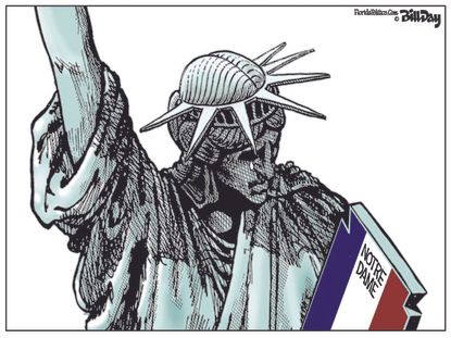 Editorial Cartoon World Lady Liberty crying Notre Dame