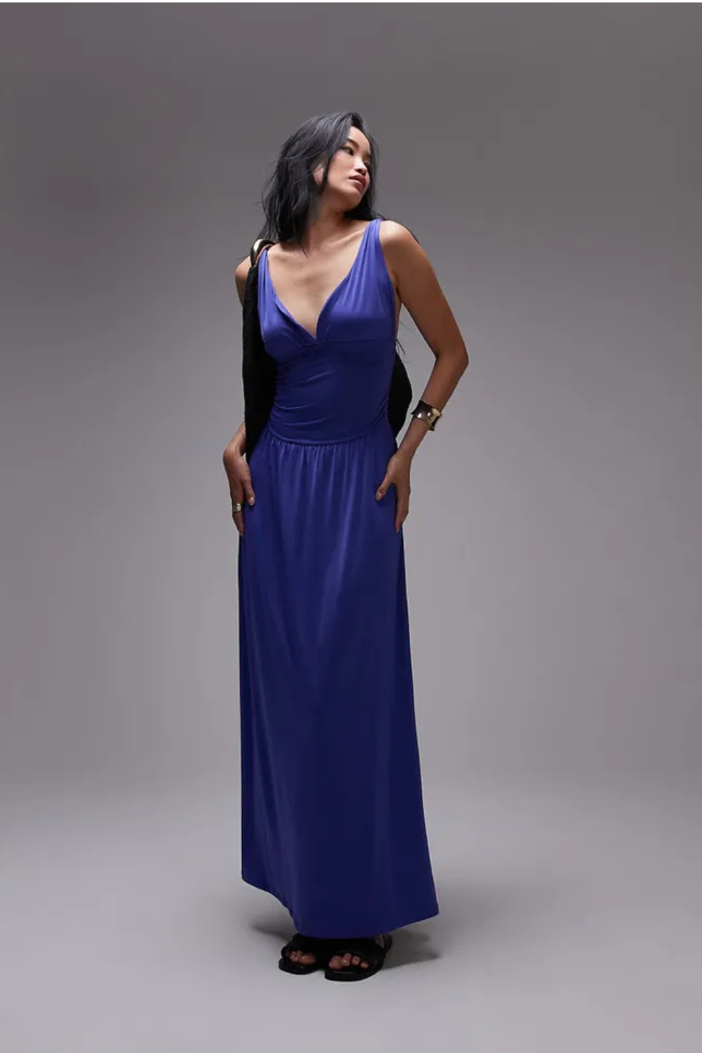 Topshop Ruched Waist Cami Maxi Dress in Cobalt Blue
