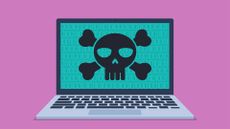 Malware concept image showing a laptop with skull and crossbones on screen, symbolizing a cyber attack.